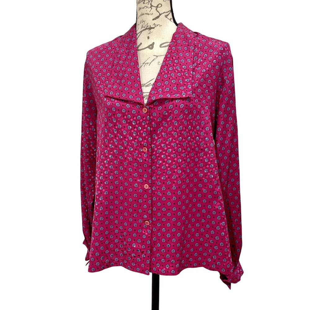 Vintage 80s Halston III Top Pink Floral Lapel Collar Women's Long Sleeve Large